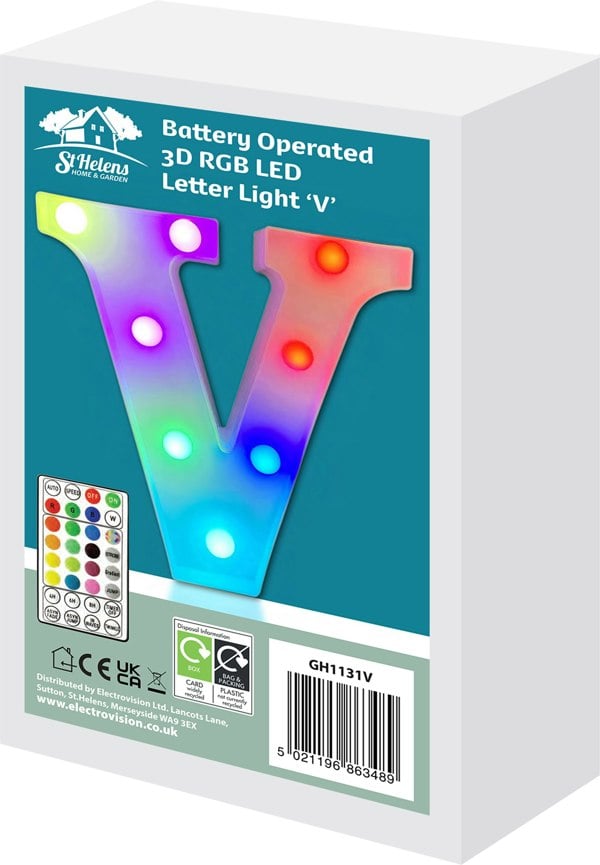St Helens Battery Operated RGB Letter   With Remote Control Letter V