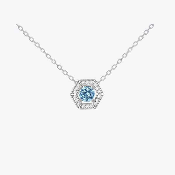 T. H. Baker Silver Rhodium Plated Blue Cubic Zirconia Hexagon Halo Pendant Necklace 8.19.2024