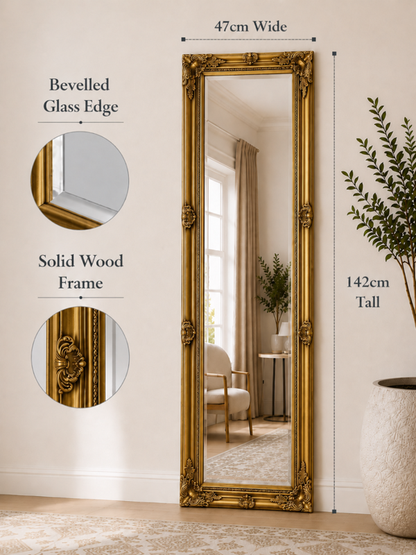 Downton Interiors Antique Gold Tall Ornate Dressing Wall Mirror with Bevelled Glass 142cm