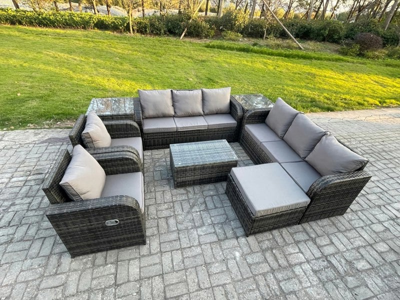 Fimous Rattan Outdoor Garden Furniture Sofa Set Patio Table & Chairs Set with 3 Seater Sofa Reclining Chair 2 Side Table Big Footstool Dark Grey Mixed