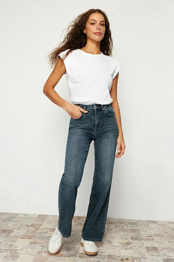 WOVCOR Faded Effect Vintage High Waist Wide Leg Jeans
