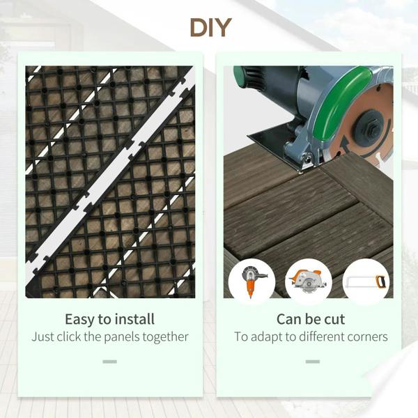 Charcoal grey decking tiles, DIY interlocking panels with cuttable fit shown