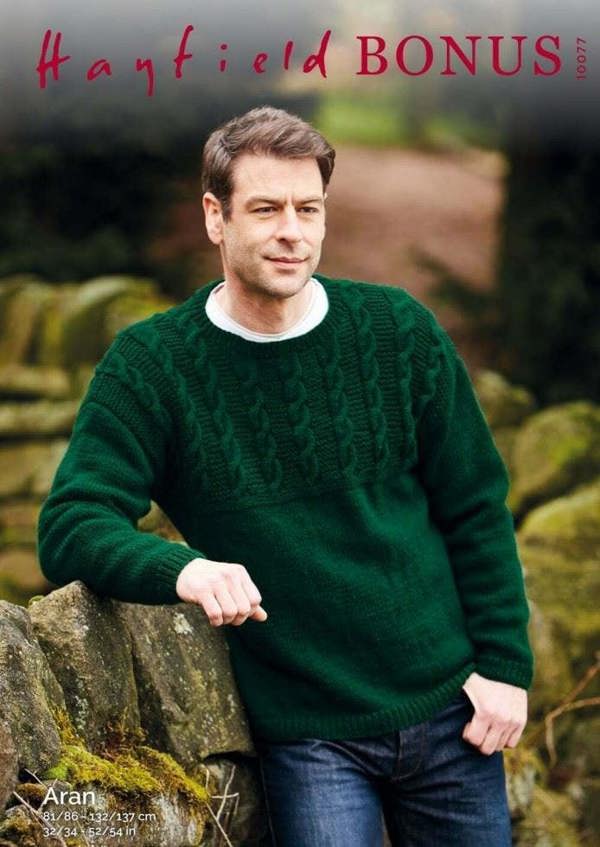 Hayfield Bonus Aran Knitting Pattern 10077, Sweaters for Men, 32 - 54 Inches