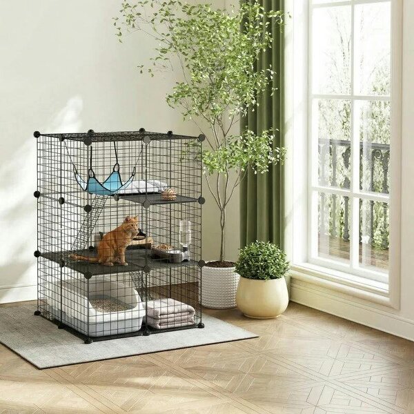 Indoor Cat Cage DIY Customizable 3-Tier Indoor Cat Enclosure with 3 Doors and Hammock 105 cm Black - Black