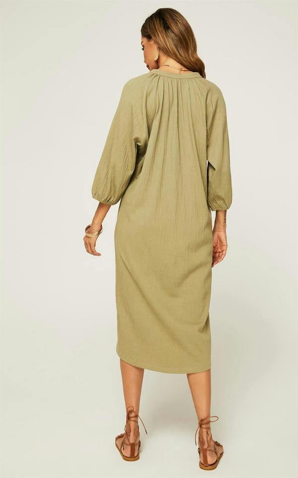 FS Collection Smock Dress With Long Sleeves In Khaki Green