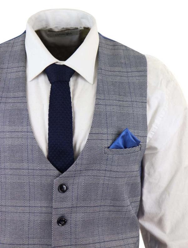 Marc Darcy Mens 3 Piece Grey Birdseye Check Classic Suit