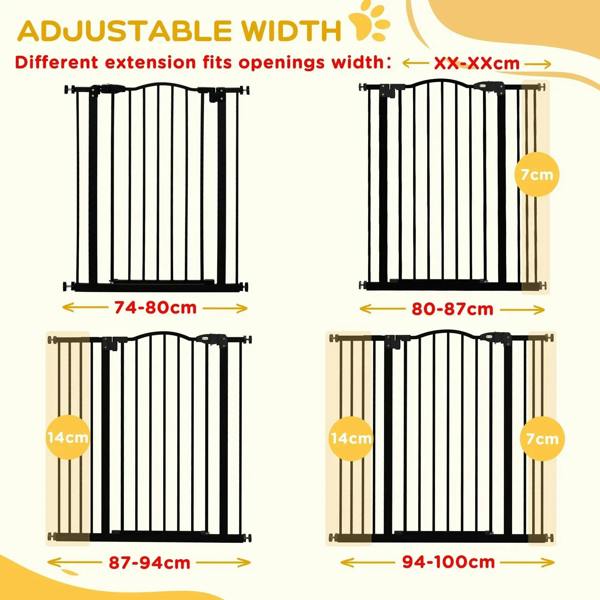 Black adjustable dog gate width chart with multiple extension configurations