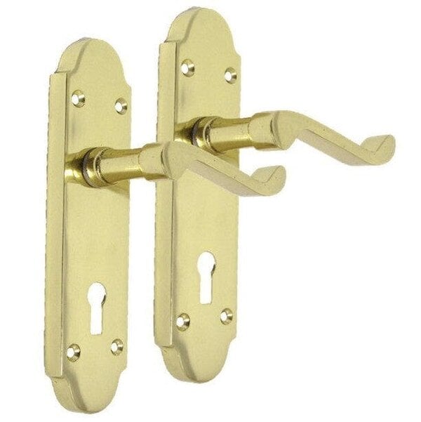 Lock & Lock Door Handle Modern Scroll Epsom Brass Polish handles, Bath Lock Latch 168 x42mm