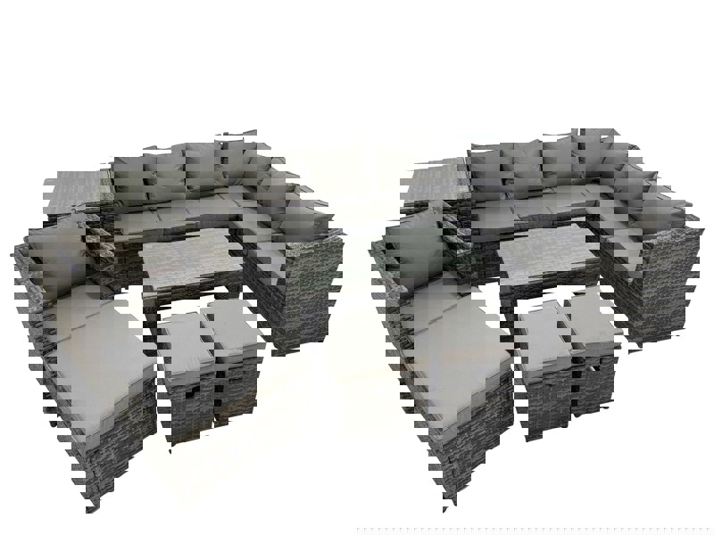 Fimous Outdoor Rattan Oblong Coffee Table Corner Sofa Sets Garden Furniture Set with Chair 3 Stool Side Table Dark Grey Mixed