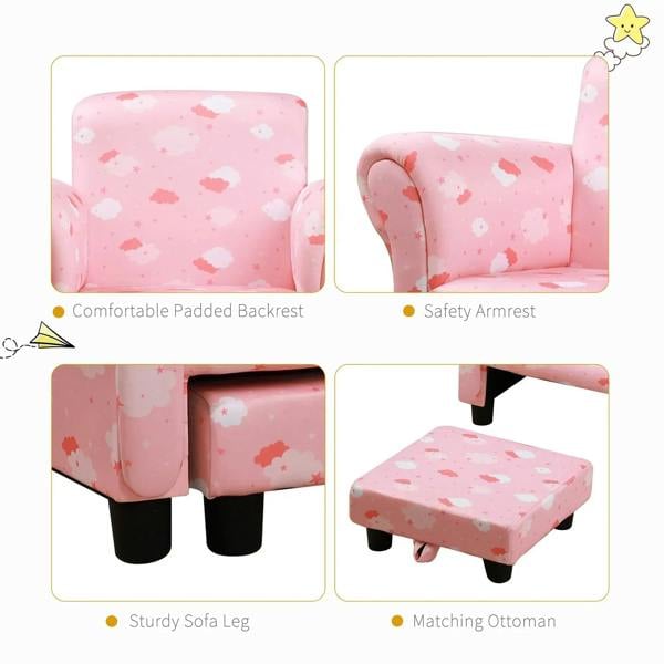 Pink cloud-pattern toddler armchair with padded backrest and matching ottoman