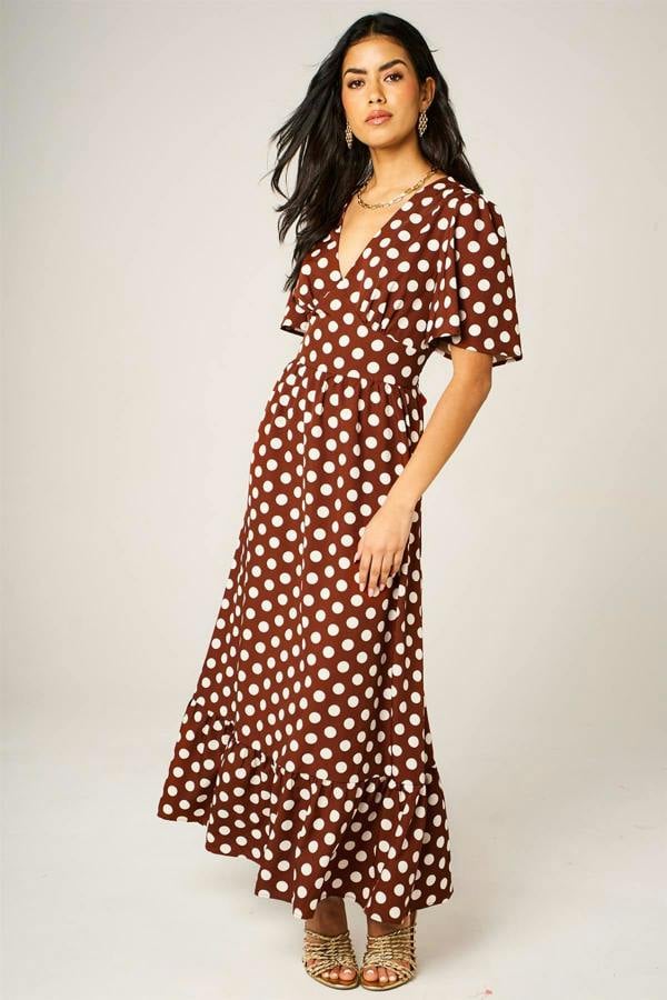 FS Collection Dot Print Angel Sleeve V Neck Frill Hem Midi Dress In Brown