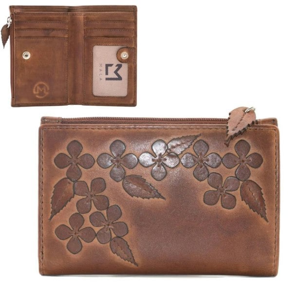 Mala Leather Wild Bloom Classic Floral Tan Leather Compact Purse