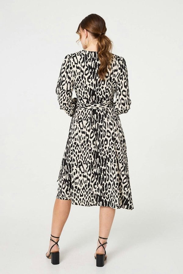 Black | Animal Print Ruffled Midi Wrap Dress
