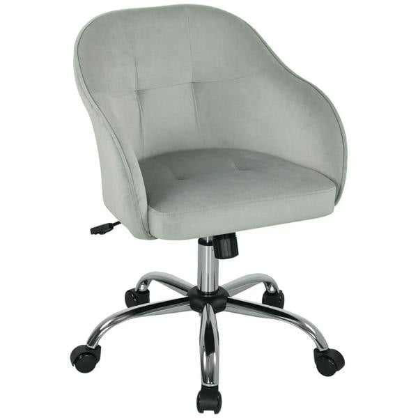 Grey velvet-feel office chair with curved arms, swivel base, and rolling casters