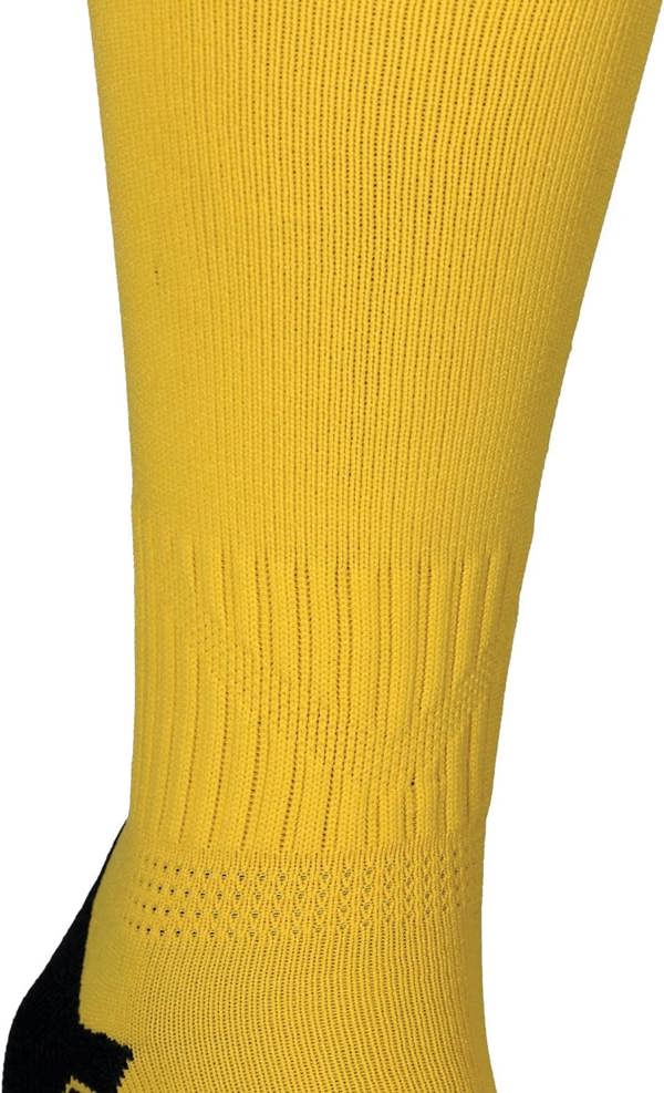 Close-up of yellow Classico sock ribbed knit calf and ankle on white - Optimum