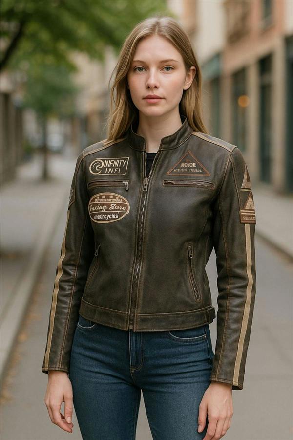 Infinity Leather Womens Leather Biker Racing Badges Jacket-Agadir