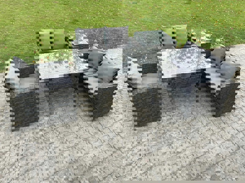 Fimous Wicker Rattan Garden Dining Set Outdoor Furniture Sofa with Dining Table Double Seat Sofa Side Table Dark Grey Mixed