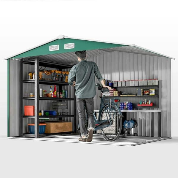 Green metal garden shed with open double doors showing shelves and storage inside