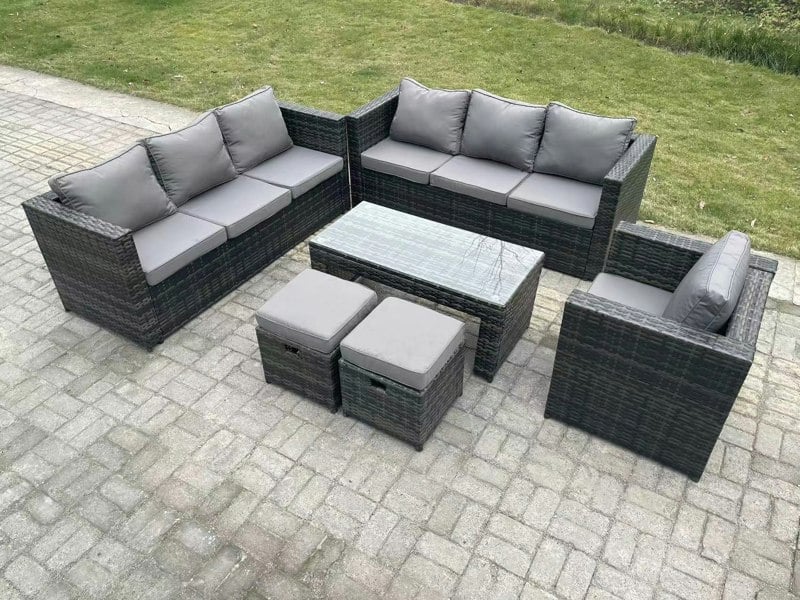 Fimous Outdoor Rattan Garden Furniture Lounge Sofa Set With Oblong Rectagular Coffee Table Arm Chair 2 Stools