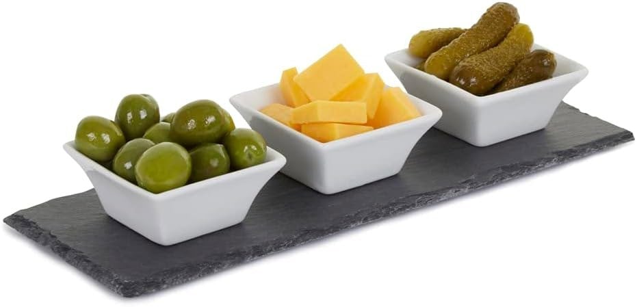 Meze Dip Bowl & Slate Tray - 4 Piece Set, Black