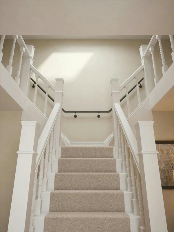 Luddington textured grey t shape handrail view from the foot of the stairs