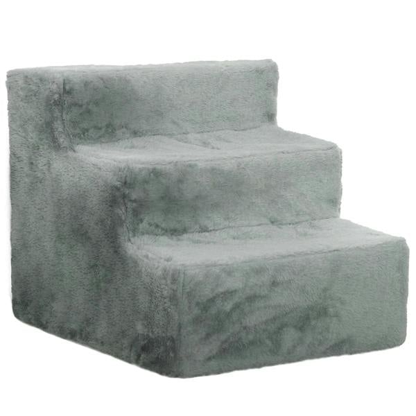 Three-step pet stairs with washable plush cover, light grey, padded steps for small dogs