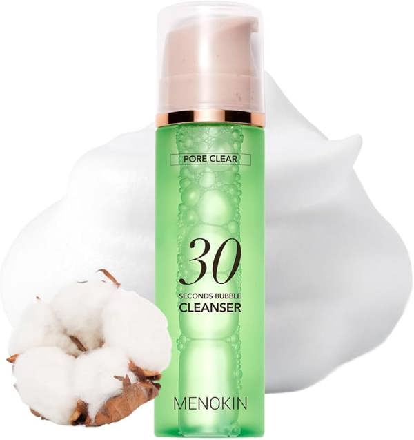 MENOKIN 30 Seconds Bubble Cleanser – pH-balanced, non-irritating face wash for soothing sensitive skin while effectively removing daily pollutants and sunscreen.