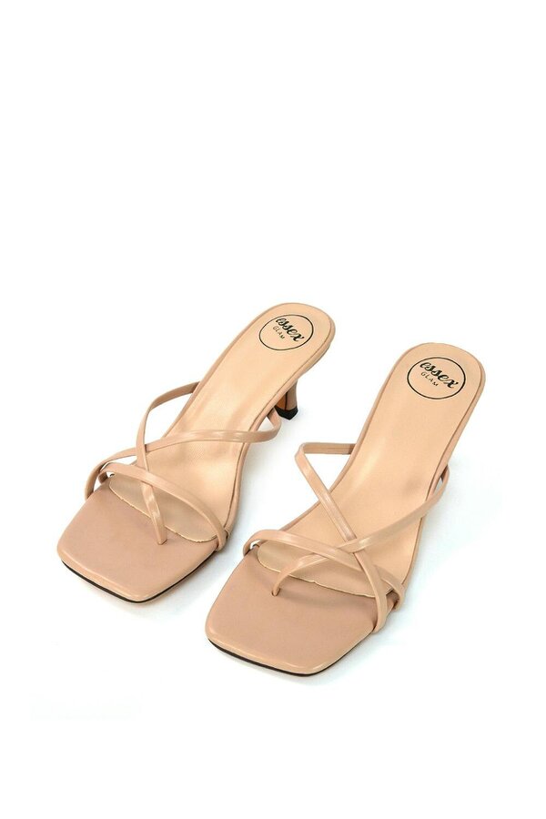 XY LONDON Strappy Square Toe Kitten Heel Slip on Mule Sandals