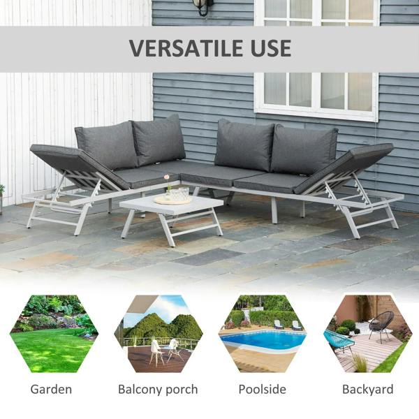 Grey outdoor sectional sofa with padded cushions and slatted metal coffee table