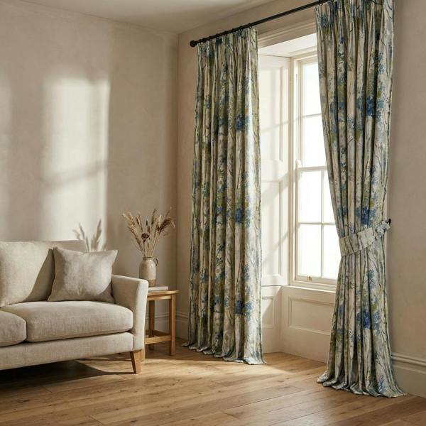 Silver Birch made-to-measure curtains in Larkspur, styled in a living room