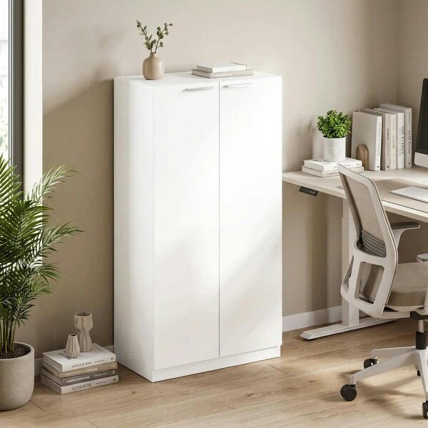 120 cm Tall Storage Cabinet Cupboard, 3-Tier File Organiser Wooden Filing Cabinet, White - White