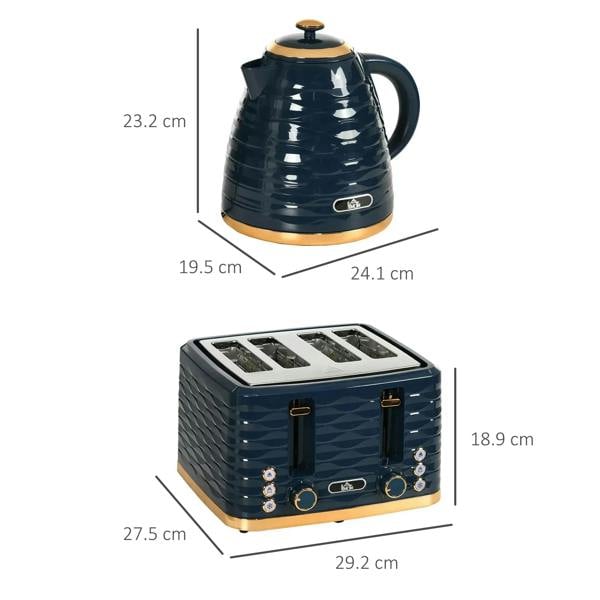 Blue electric kettle and four-slice toaster with dimension diagram and gold trim