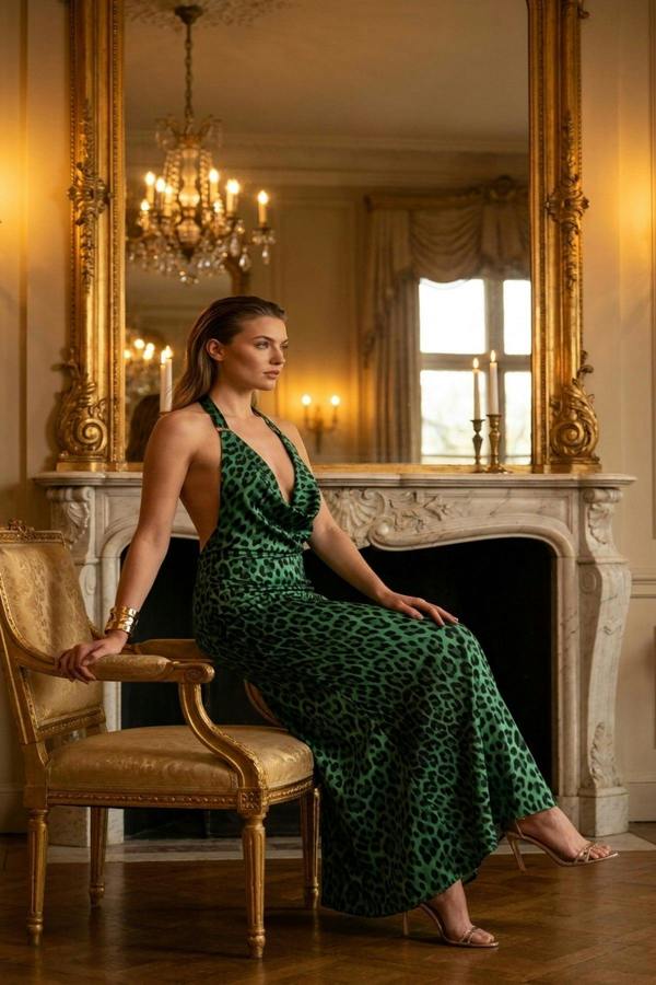 Fatima Printed Deep Cowl Neck Backless Maxi Dress - Leopard