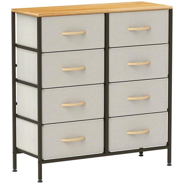 Cream fabric drawer dresser with 8 pull-out drawers, steel frame, and wooden top