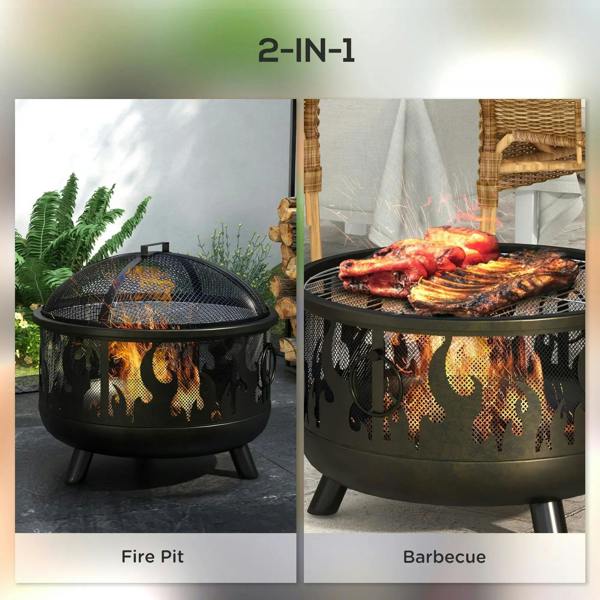 Black fire pit BBQ with dome mesh lid and flame cutout body, holding grilled food