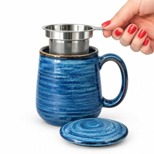 Skandi Home Aska Large Navy Reactive Glaze Ceramic Infuser Mug with Lid and removable Stainless Steel Infuser
