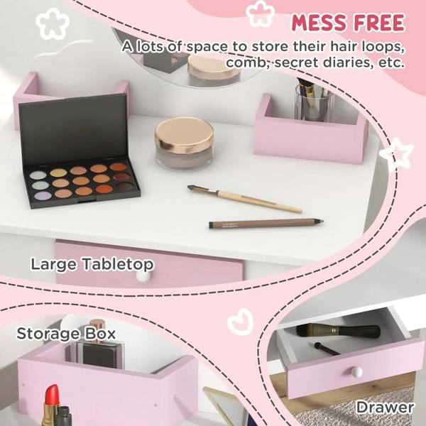 Kids dressing table with storage boxes and open drawer for makeup and beauty tools.