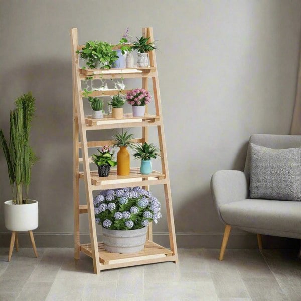 Modcraft 4-Tier Foldable Wooden Plant Stand – Ladder Shelf Display Rack - Natural Colour