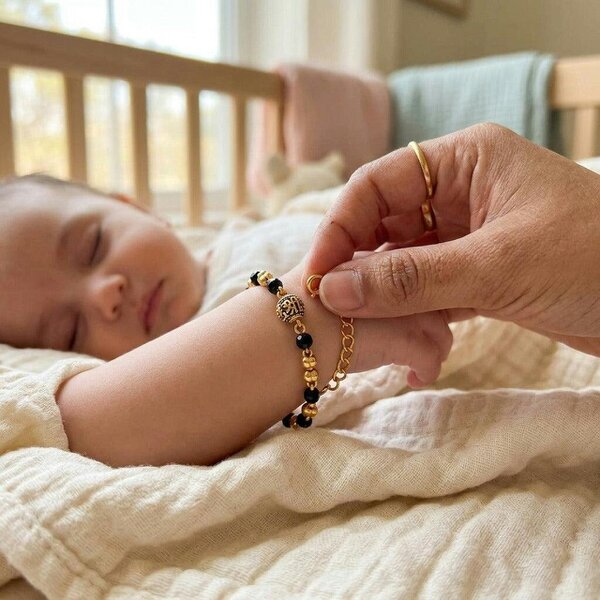The Colourful Aura Gold Plated Black Faceted Bead Engraved Centre Charm Kids Nazaria Bracelet