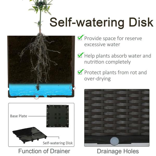 Brown self-watering planter base with drainage holes and removable watering disk