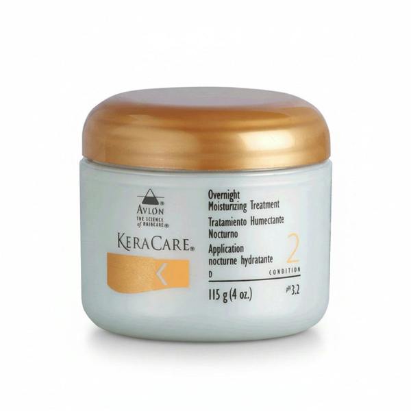 A container of KeraCare Overnight Moisturizing Treatment, 4oz size, with a label that includes the product name and the number 32, indicating the size in milliliters.