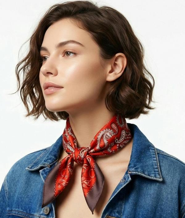 VIA MONTEN Women’s Faux Silk Triangle Scarf, Small Satin Neck Scarf Wrap with Retro Print for Daily Styling