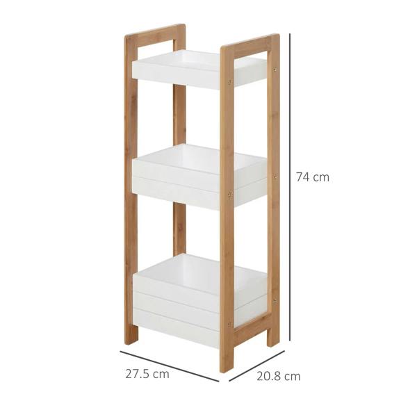 Slim bamboo bathroom shelf rack with three white tiers and side rails