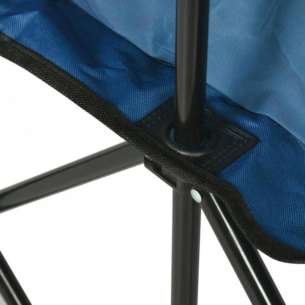 Close-up of blue chair fabric seat and black metal leg with textured ground pad