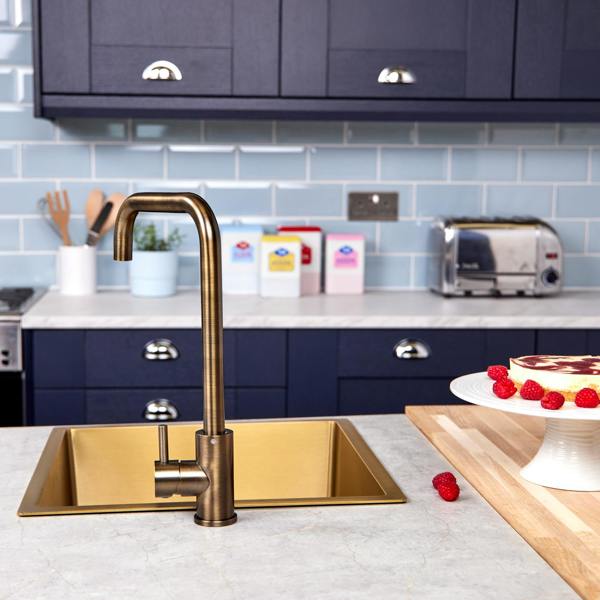 Flode Dellen | Single Lever Kitchen Sink Mixer Tap with Swivel Spout | Square Neck Design | Antique Brass Finish