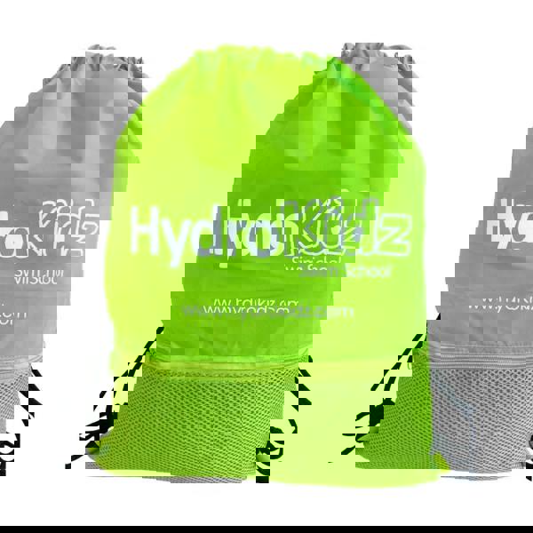 Lime green HydroKidz drawstring swim bag with mesh pocket, 5cm depth