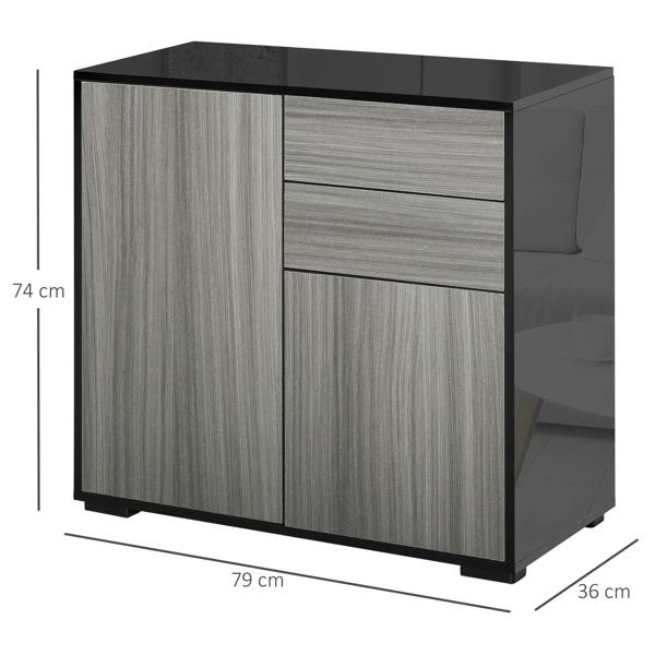 Light gray sideboard with black top, two-door cabinet and two drawer fronts