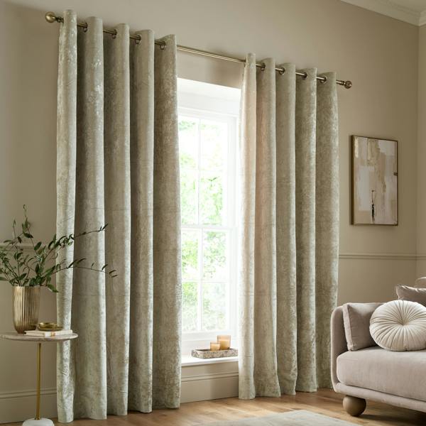 Catherine Lansfield Crushed Velvet Lined Eyelet Curtains Natural