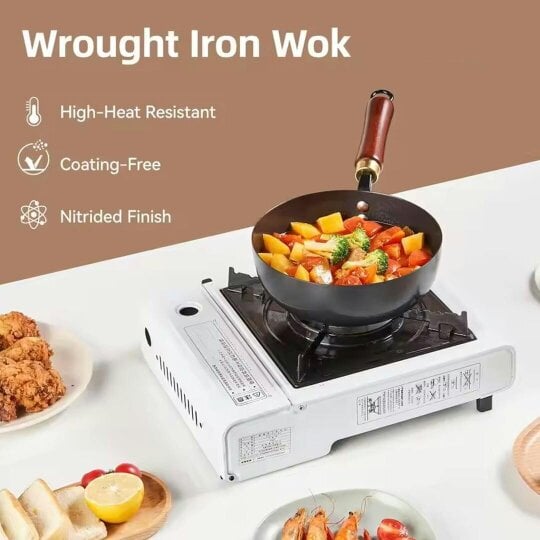 Havendro Uncoated Cast Iron Pot Wok Wooden Lid Handle Anti-Splatter Pan Soup Stock Pots