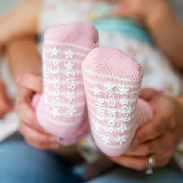 Little Sock Co. Cosy Stay On Winter Warm Non Slip Baby Socks - 5 Pack in Pink Stripe & Biscuit